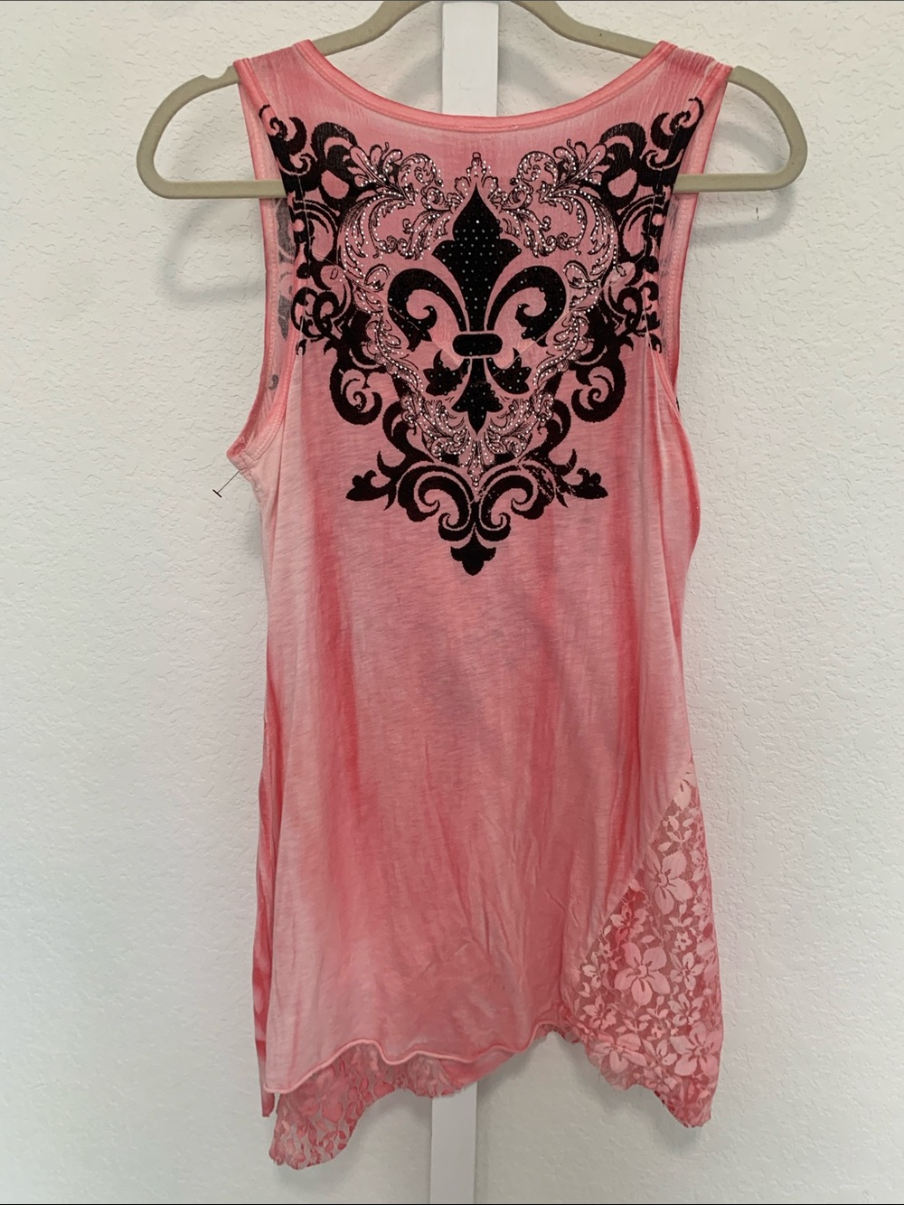 Y2K Pink Fleur de Lis Lace Panels Sleeveless Tunic Top - Picture 4 of 6